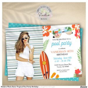 Modern Photo Retro Tropical Pool Party Birthday Invitation