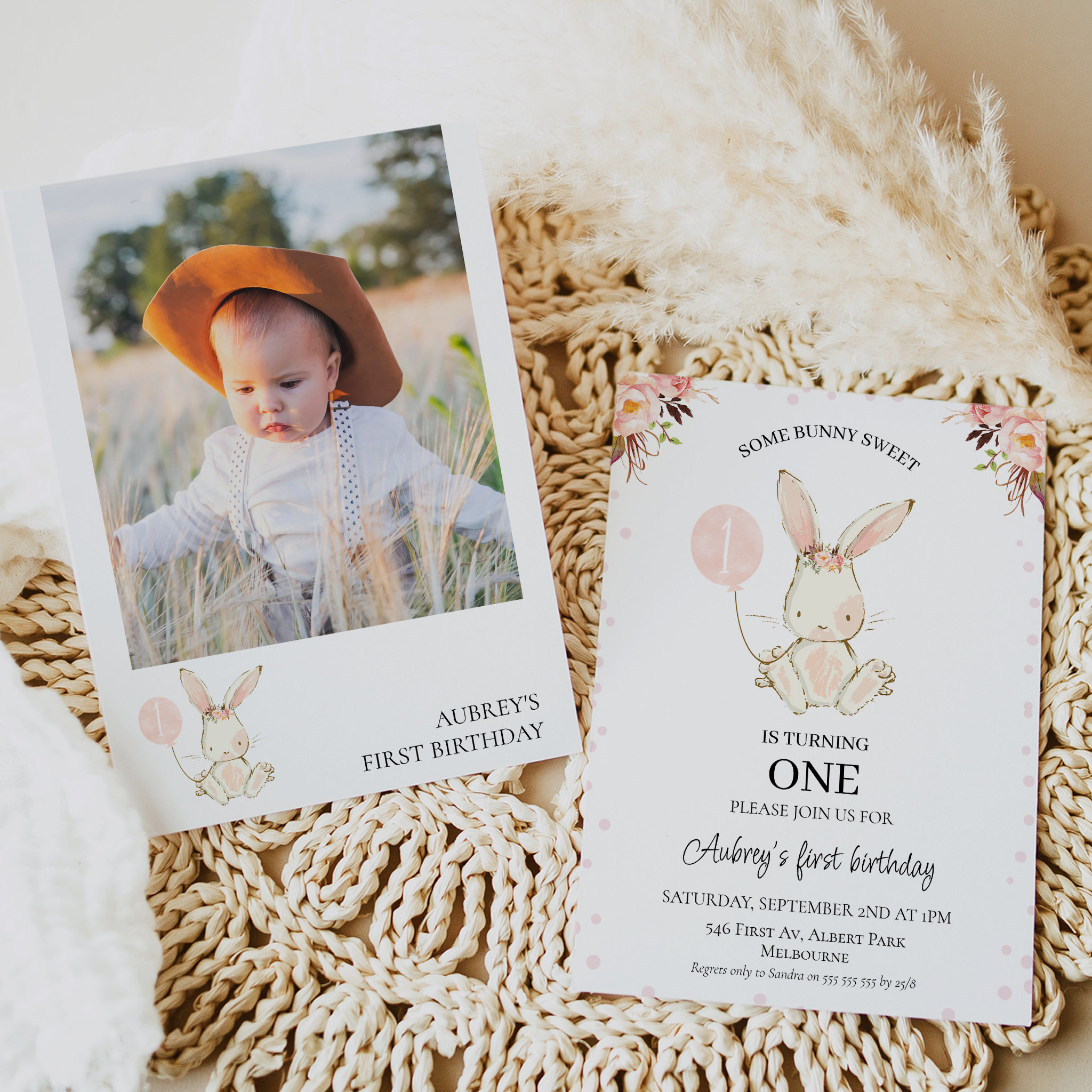Modern Pink Floral White Bunny 1st Birthday Invitation