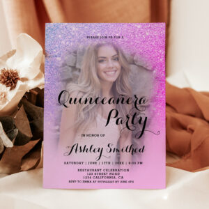 Modern pink glitter ombre photo Quincea?era Invitation