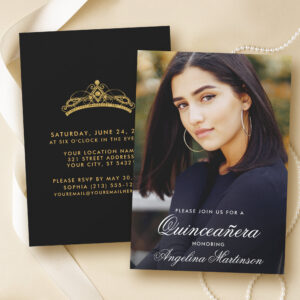 Modern Quinceanera Photo Gold and Black Invitation