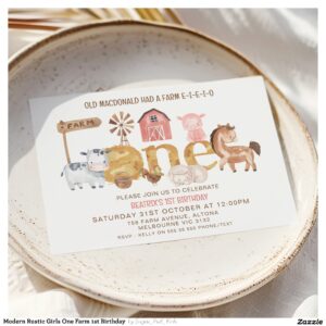 Modern Rustic Girls One Farm 1st Birthday Invitation