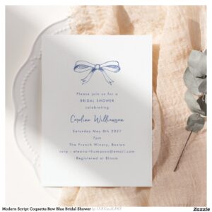 Modern Script Coquette Bow Blue Bridal Shower Invitation
