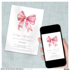 Modern Script Pink Bow Baby Shower Invitation