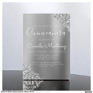 Modern Silver Quinceanera Glitter Party Invitation