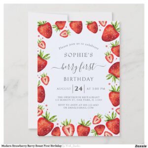 Modern Strawberry Berry Sweet First Birthday Invitation