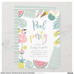 Modern Summer Pool Party Script Sweet 16 Birthday Invitation