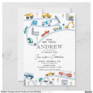 Modern Transportation Trucks and Cars Birthday Invitation