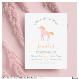 Modern Unicorn & Faux Gold Rainbow Birthday Party Invitation Postcard