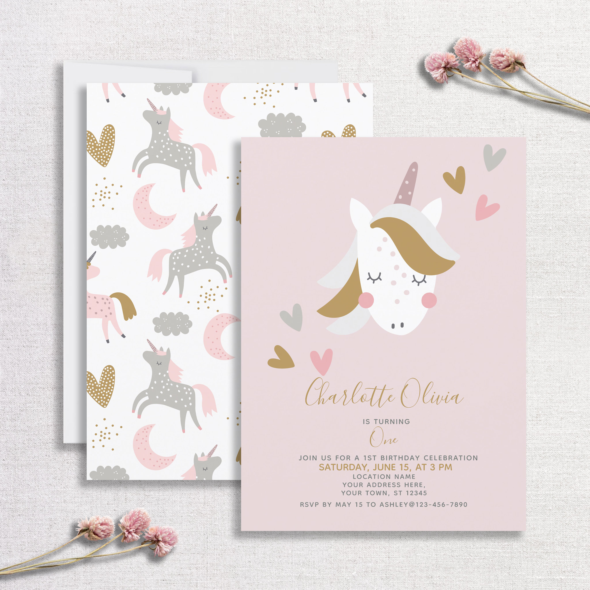 Modern Unicorn Muted Pink 1st Birthday Invitation