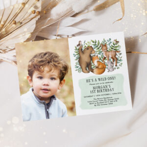 Modern Woodland Animals Wild One 1st Birthday Invitation