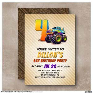 Monster Truck 4th Birthday Invitation