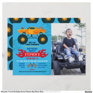 Monster Truck Birthday Party Flames Big Photo Blue Invitation