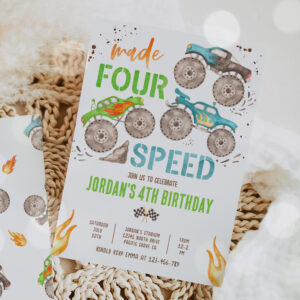 Monster Truck Boy Made Four Speed 4th Birthday Invitation