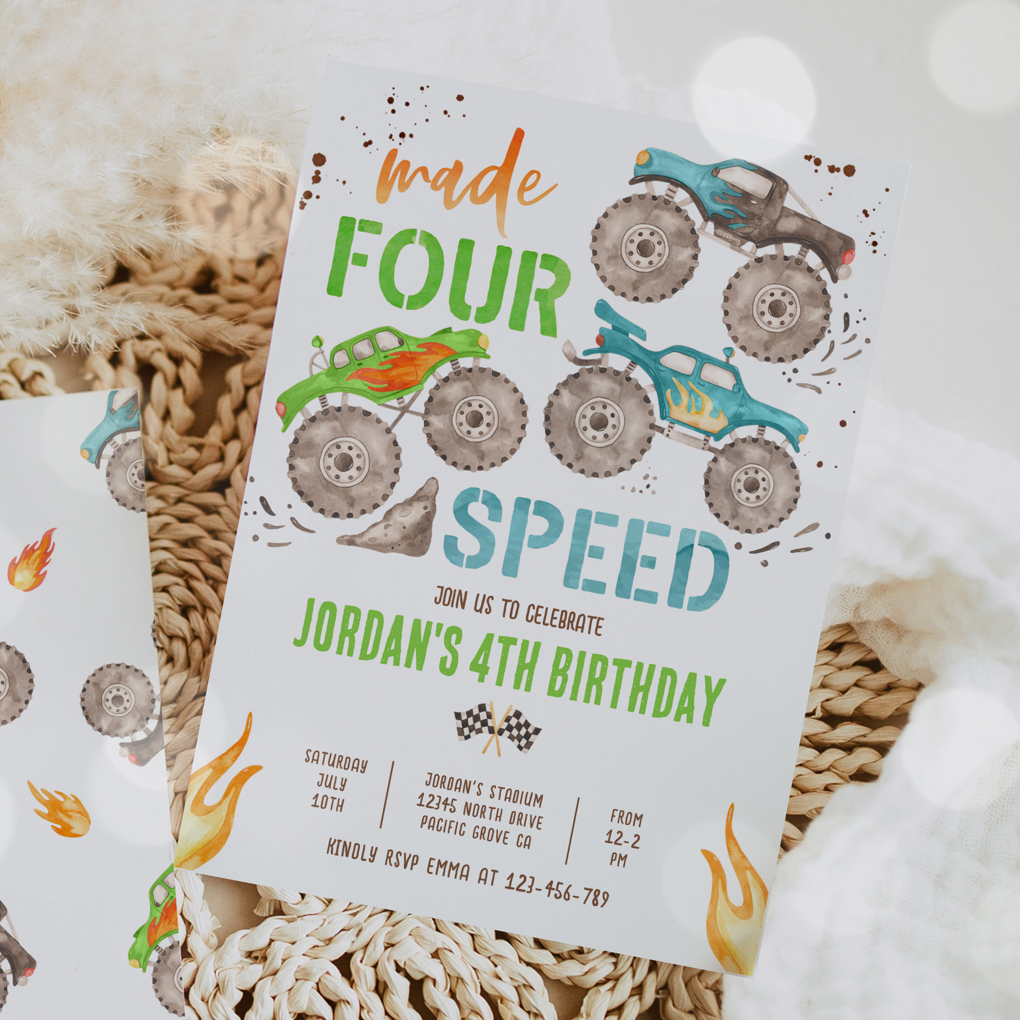Monster Truck Boy Made Four Speed 4th Birthday Invitation