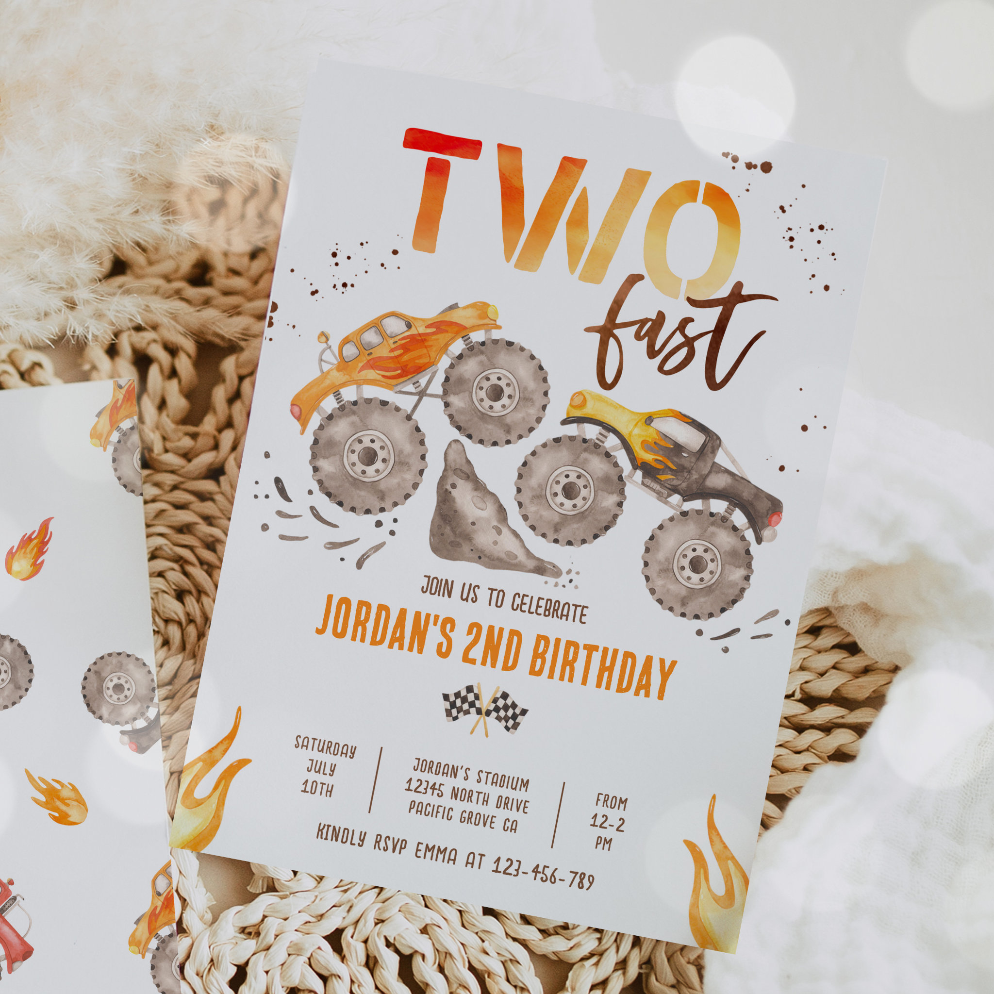 Monster Truck Boy Two Fast 2nd Birthday Party Invitation