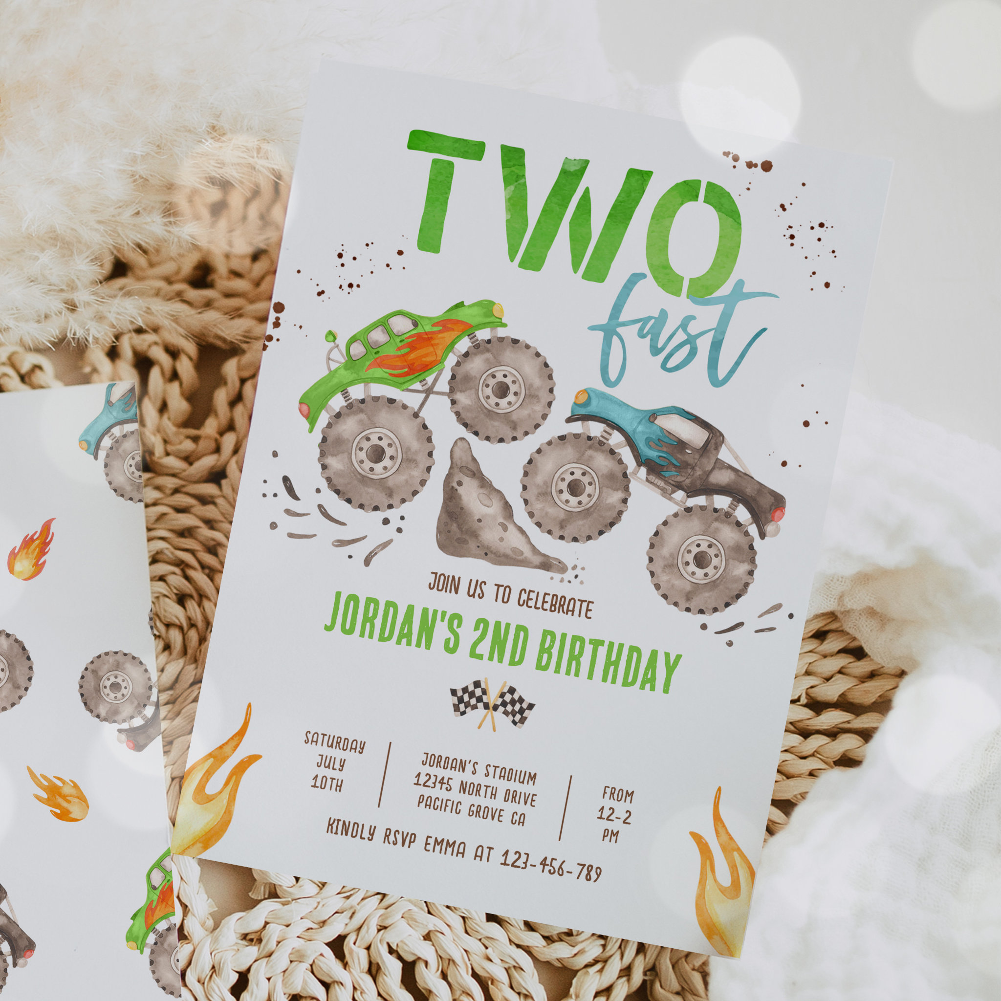 Monster Truck Boy Two Fast 2nd Birthday Party Invitation