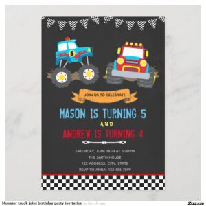 Monster truck joint birthday party invitation