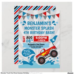 Monster Truck Pool Party Summer Birthday Invitation