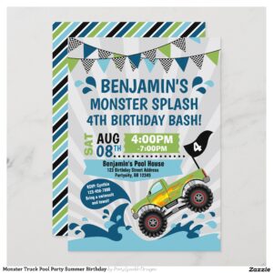Monster Truck Pool Party Summer Birthday Invitation