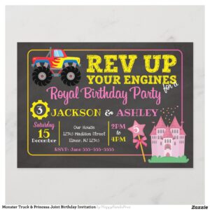 Monster Truck & Princess Joint Birthday Invitation
