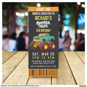 Monster Truck Smash and Rev Kids Birthday Party Invitation