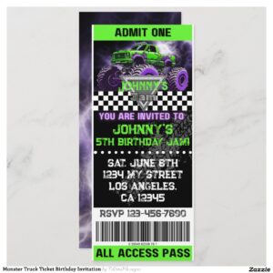 Monster Truck Ticket Birthday Invitation