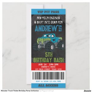 Monster Truck Ticket Birthday Party Invitation
