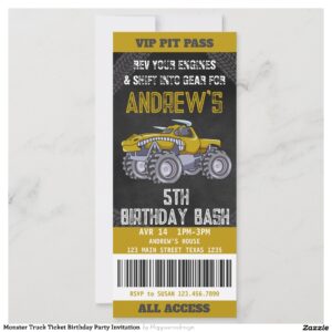 Monster Truck Ticket Birthday Party Invitation