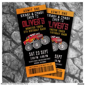 Monster Truck Ticket Birthday Party Invitation