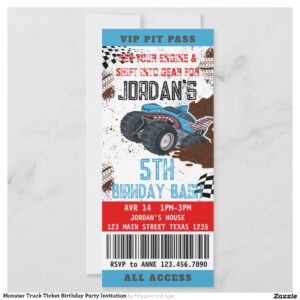 Monster Truck Ticket Birthday Party Invitation