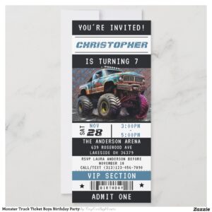 Monster Truck Ticket Boys Birthday Party Invitation