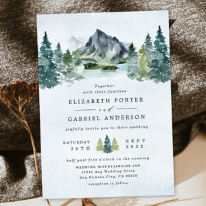 Mountain Watercolor Elegant Rustic Themed Wedding Invitation