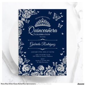 Navy Blue Silver Roses Butterflies Quinceanera Invitation