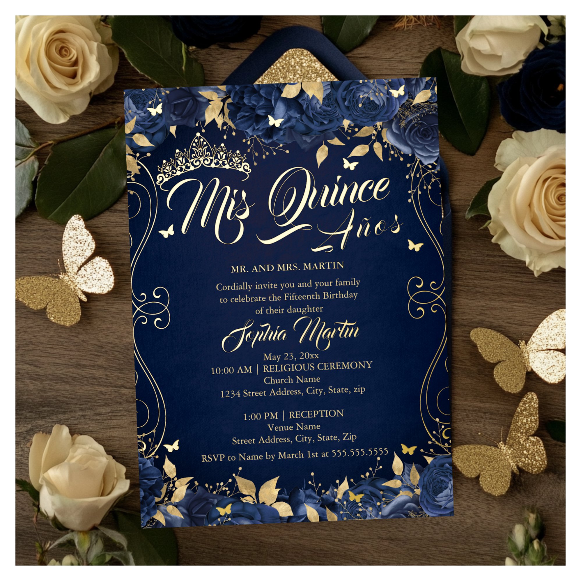 Navy Floral Garden Gold Mis Quince Quinceanera Foil Invitation
