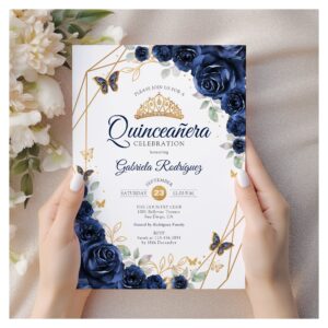 Navy Gold Floral Quinceanera Invitation