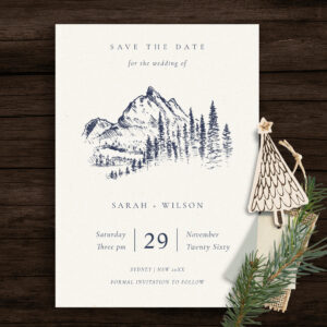 Navy Pine Mountain Sketch Save The Date Card
