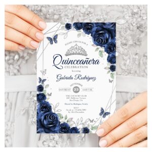 Navy Silver Floral Quinceanera Invitation