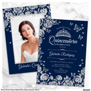 Navy Silver Roses Butterflies Quinceanera Photo Invitation