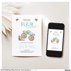 Need FOUR Speed Blue Monster Truck Invitation