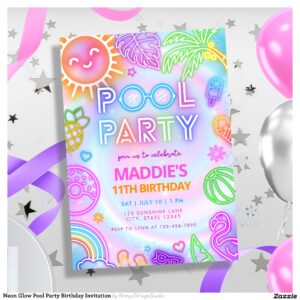 Neon Glow Pool Party Birthday Invitation