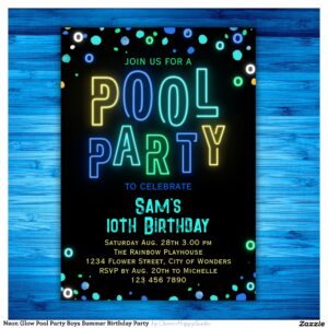 Neon Glow Pool Party Boys Summer Birthday Party Invitation