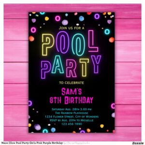 Neon Glow Pool Party Girls Pink Purple Birthday Invitation