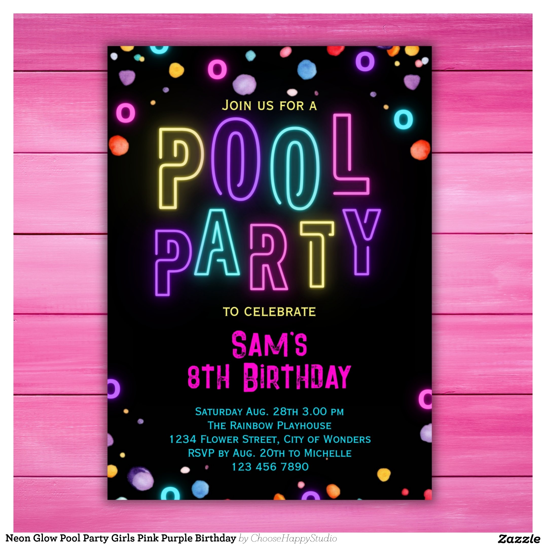 Neon Glow Pool Party Girls Pink Purple Birthday Invitation