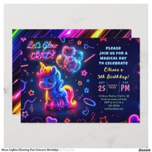 Neon Lights Glowing Fun Unicorn Birthday Invitation