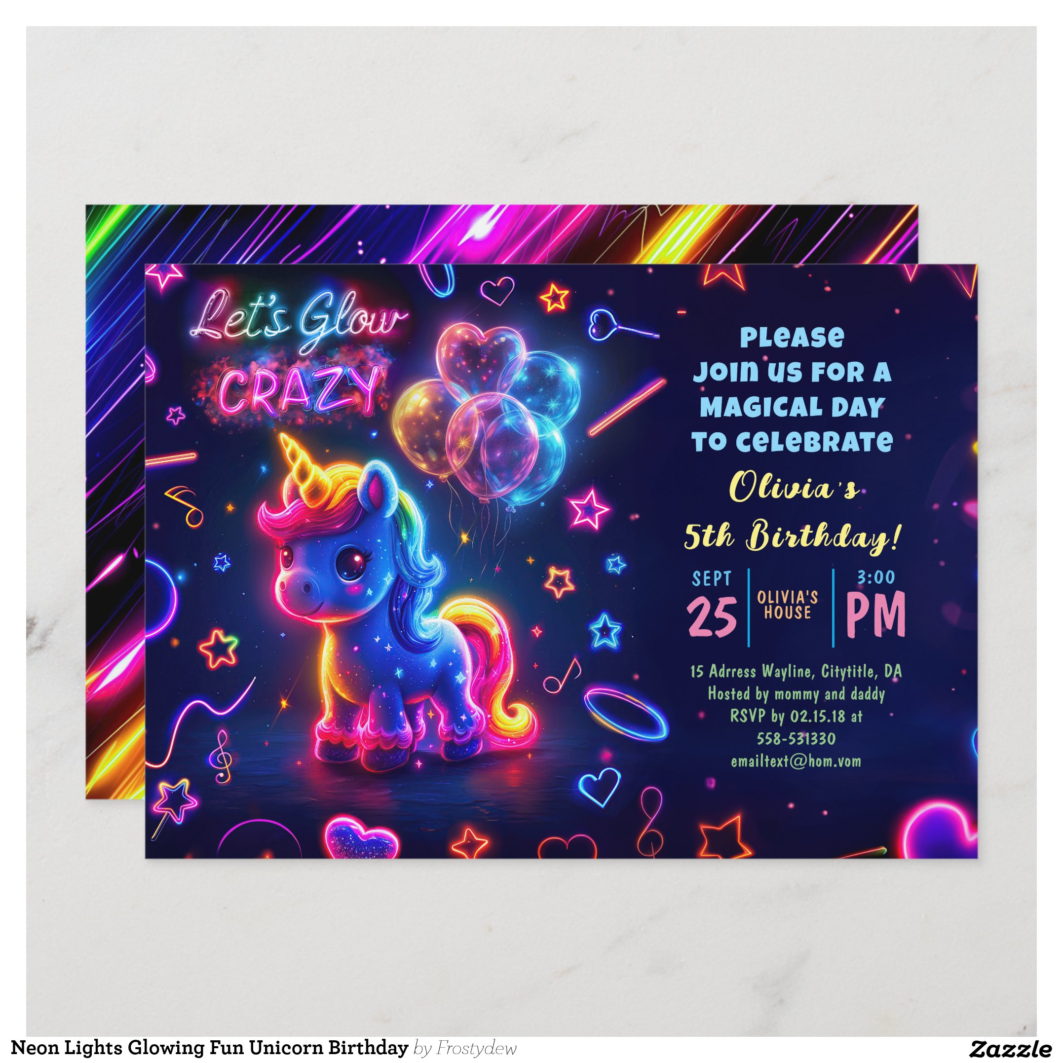 Neon Lights Glowing Fun Unicorn Birthday Invitation