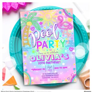 Neon Pool Party Invitation Flamingo Pool