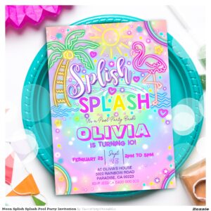 Neon Splish Splash Pool Party Invitation