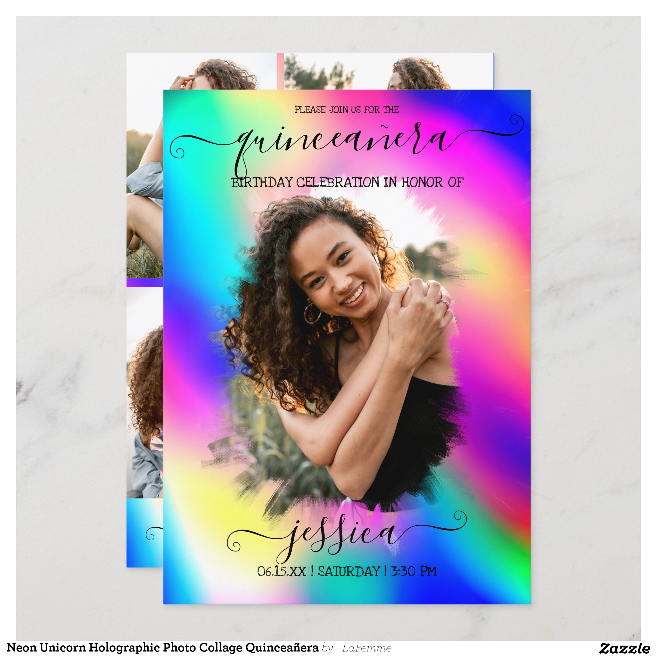 Neon Unicorn Holographic Photo Collage Quincea?era Invitation