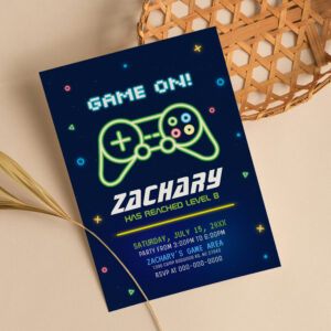 Neon Video Game Truck Arcade Birthday Invitation