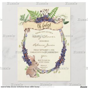 neutral baby shower invitation forest rabbit bunny